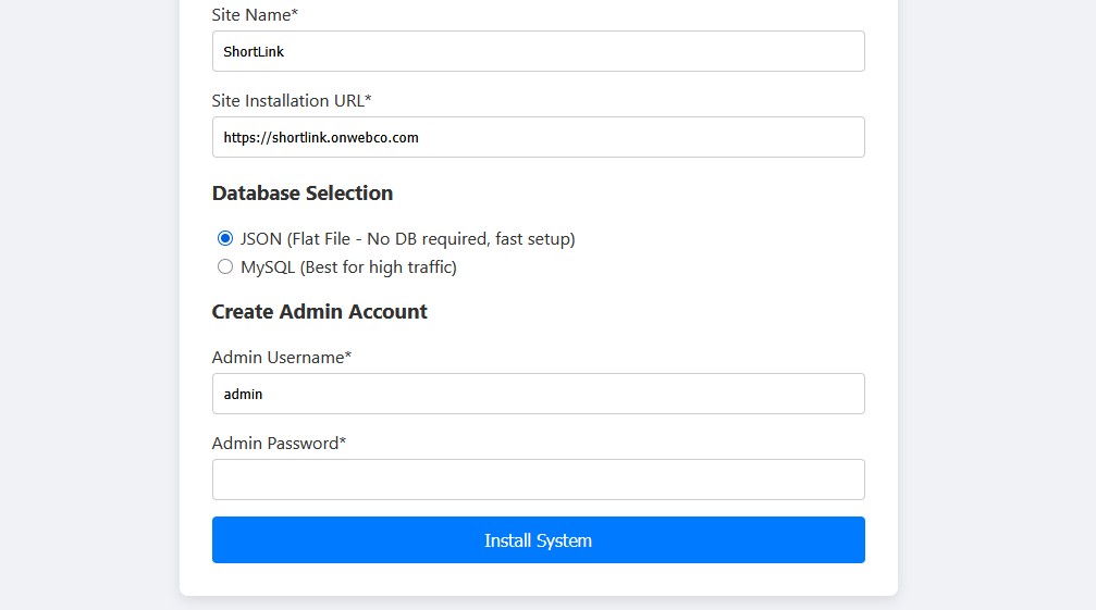 ShortLink Database and Admin Setup