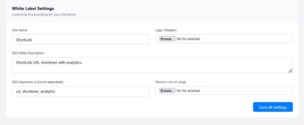 ShortLink White Label and SEO Settings